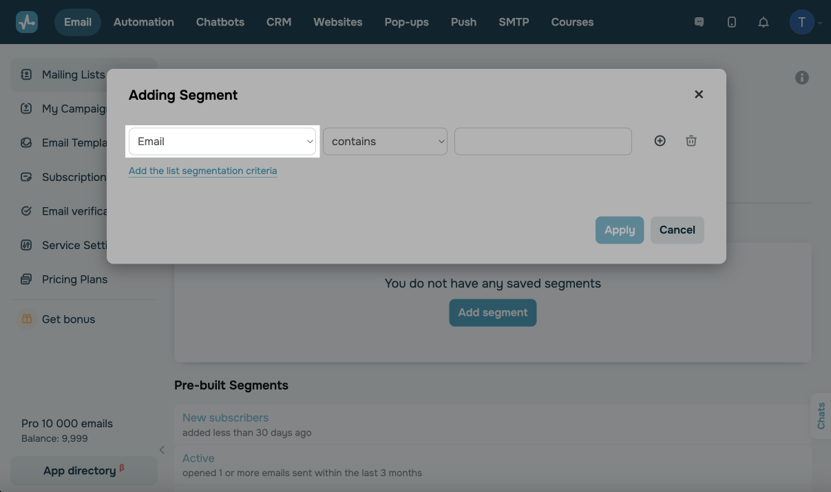 Choose segmentation condition